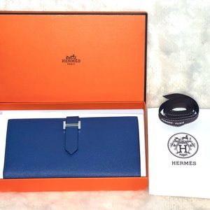 Brand New Hermes Blue/Red Beam Compact Wallet.. L- 17.5x H-9x D-0.5 cm